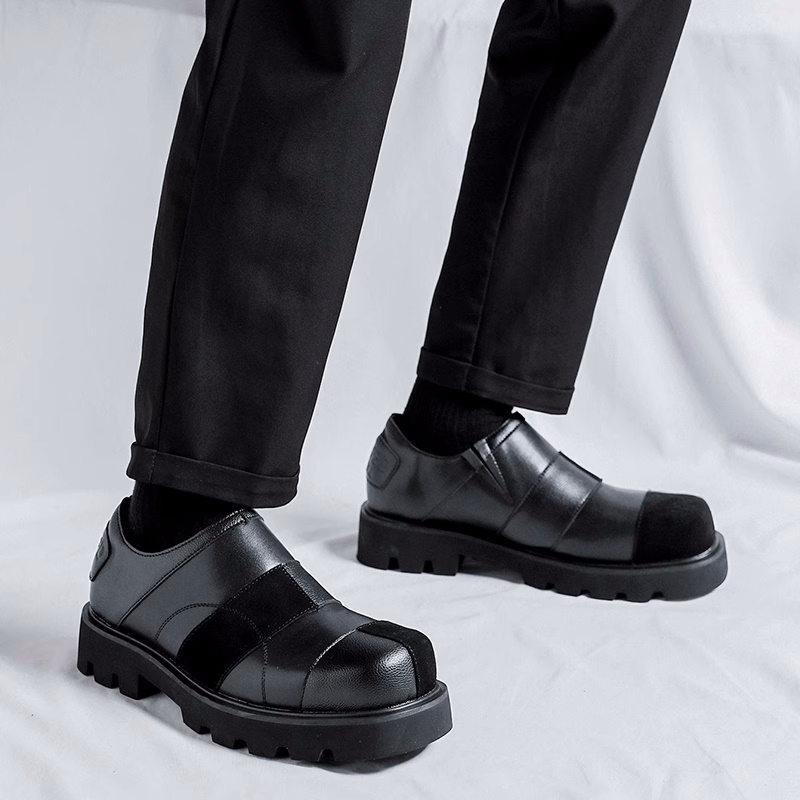 square toe leather Thick-soled loafers boots メンズスクエアトゥ ...